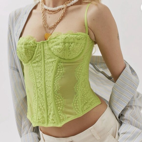 Out From Under x Urban Outfitters Modern Love Lace Corset Lime Green Size M $59 - Picture 1 of 7